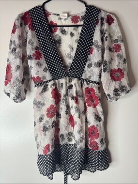 Studio Y White Floral Blouse with Red Flowers and Black Polka Trim